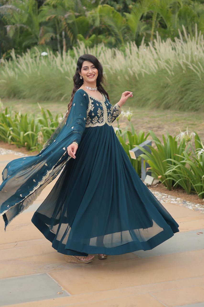 Breathtaking Rama Faux Georgette Fully Stitched Designer Gown - INDIAN ELEGANCE