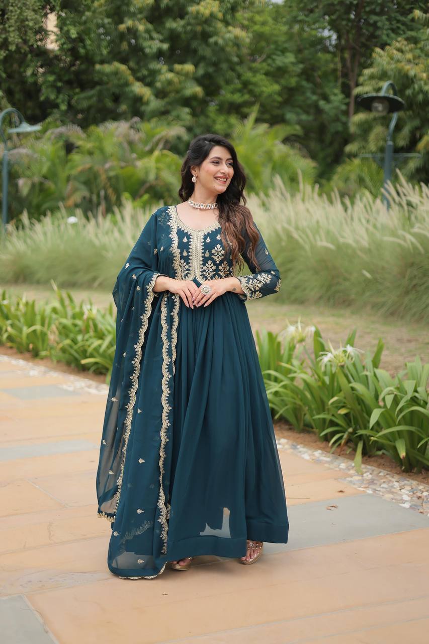 Breathtaking Rama Faux Georgette Fully Stitched Designer Gown - INDIAN ELEGANCE