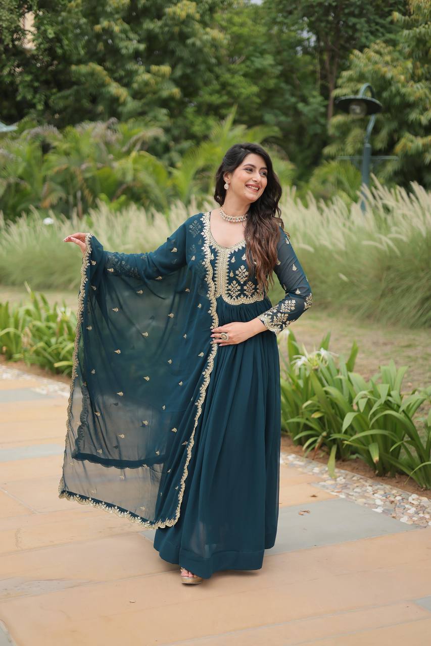 Breathtaking Rama Faux Georgette Fully Stitched Designer Gown - INDIAN ELEGANCE