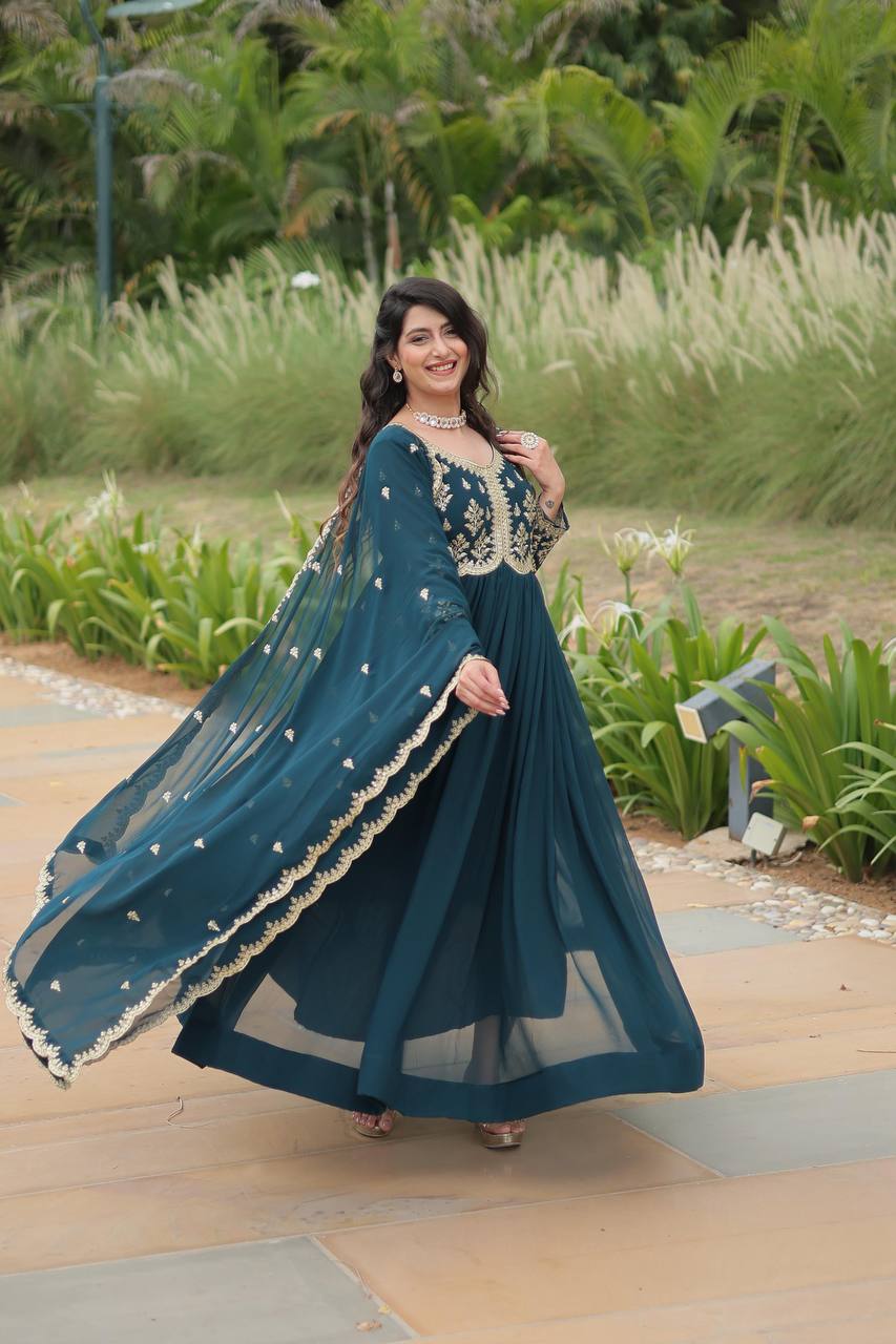 Breathtaking Rama Faux Georgette Fully Stitched Designer Gown - INDIAN ELEGANCE