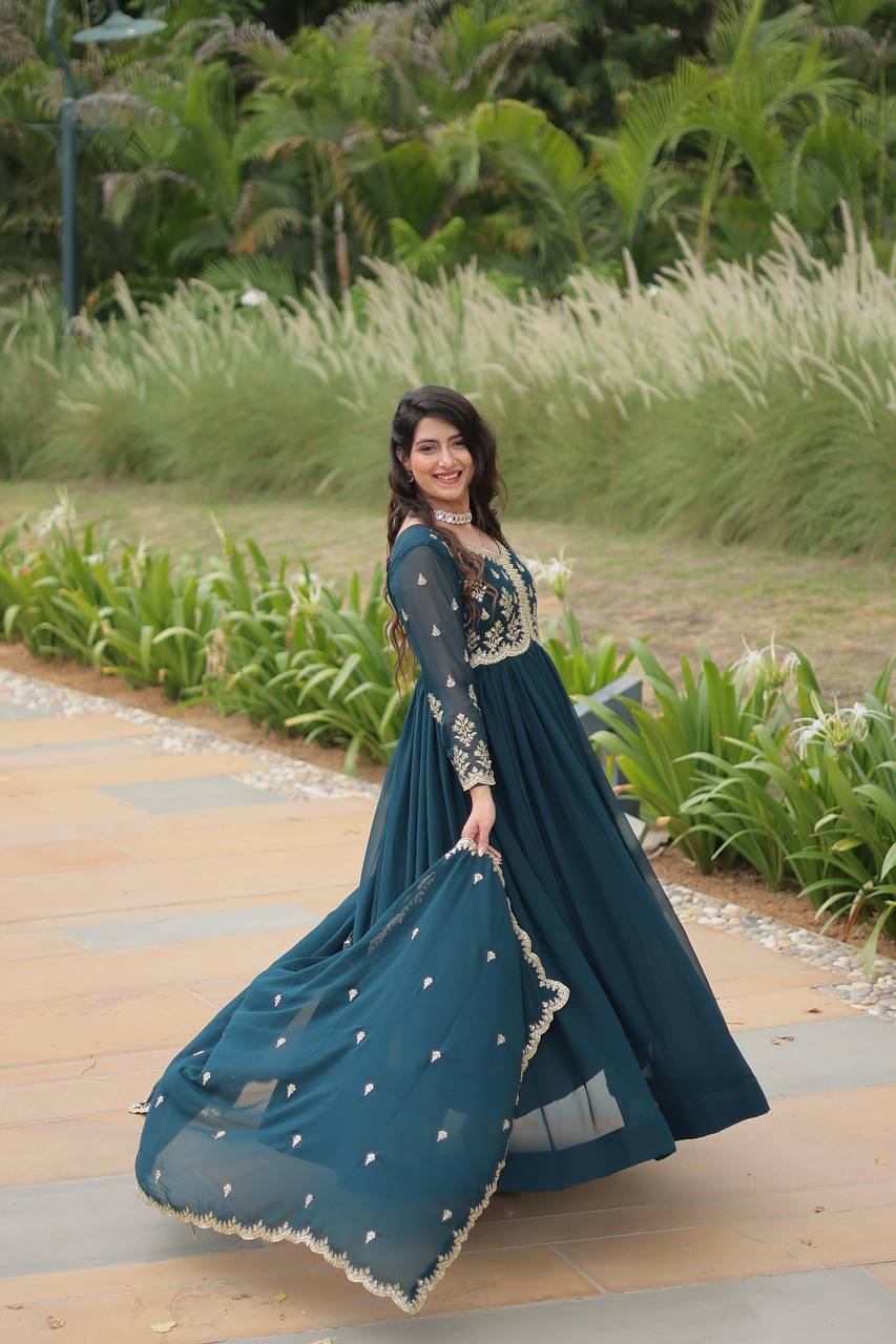 Breathtaking Rama Faux Georgette Fully Stitched Designer Gown - INDIAN ELEGANCE
