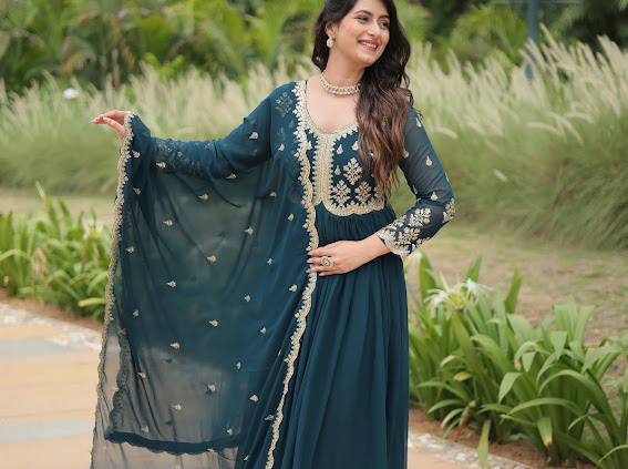 Breathtaking Rama Faux Georgette Fully Stitched Designer Gown - INDIAN ELEGANCE