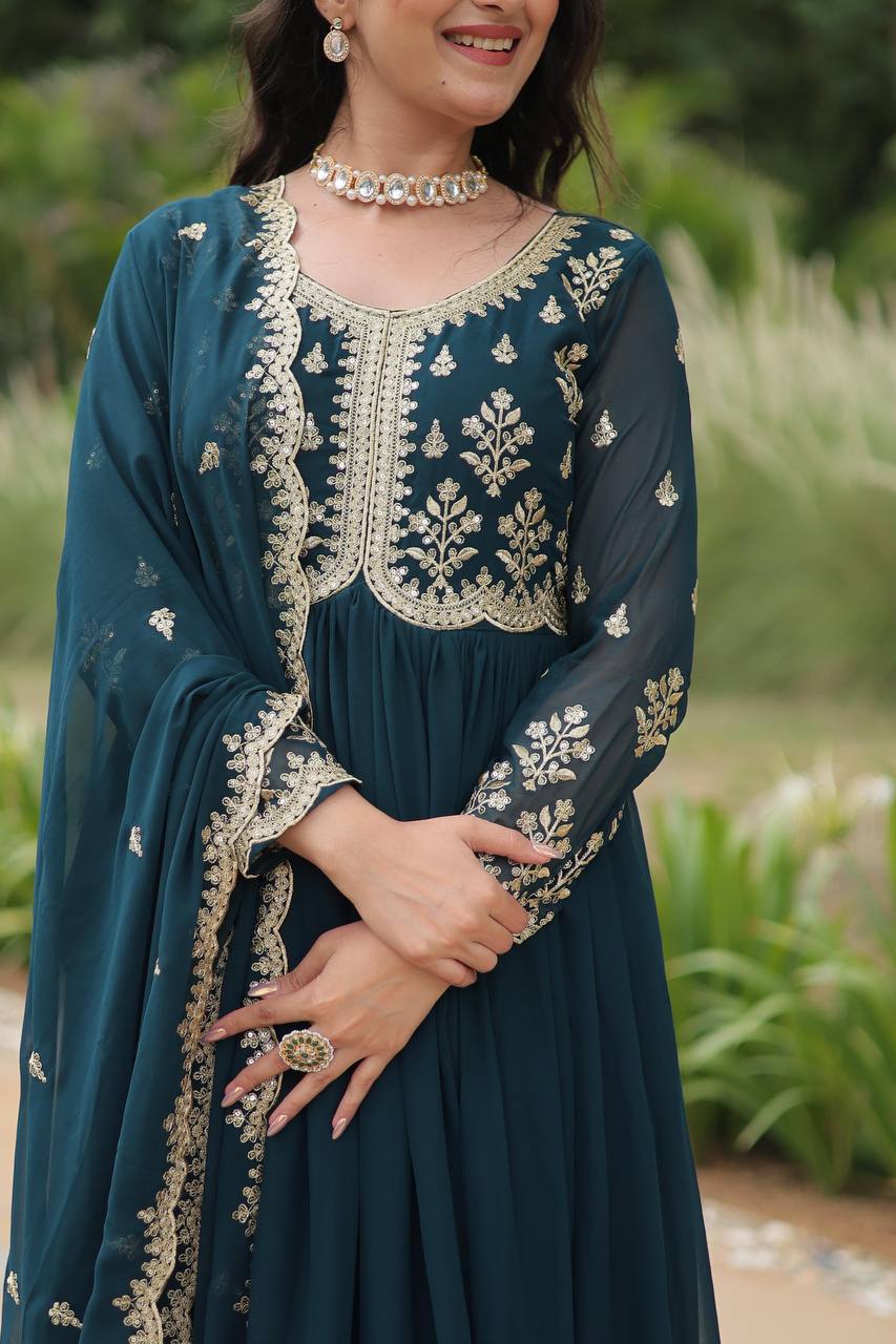 Breathtaking Rama Faux Georgette Fully Stitched Designer Gown - INDIAN ELEGANCE