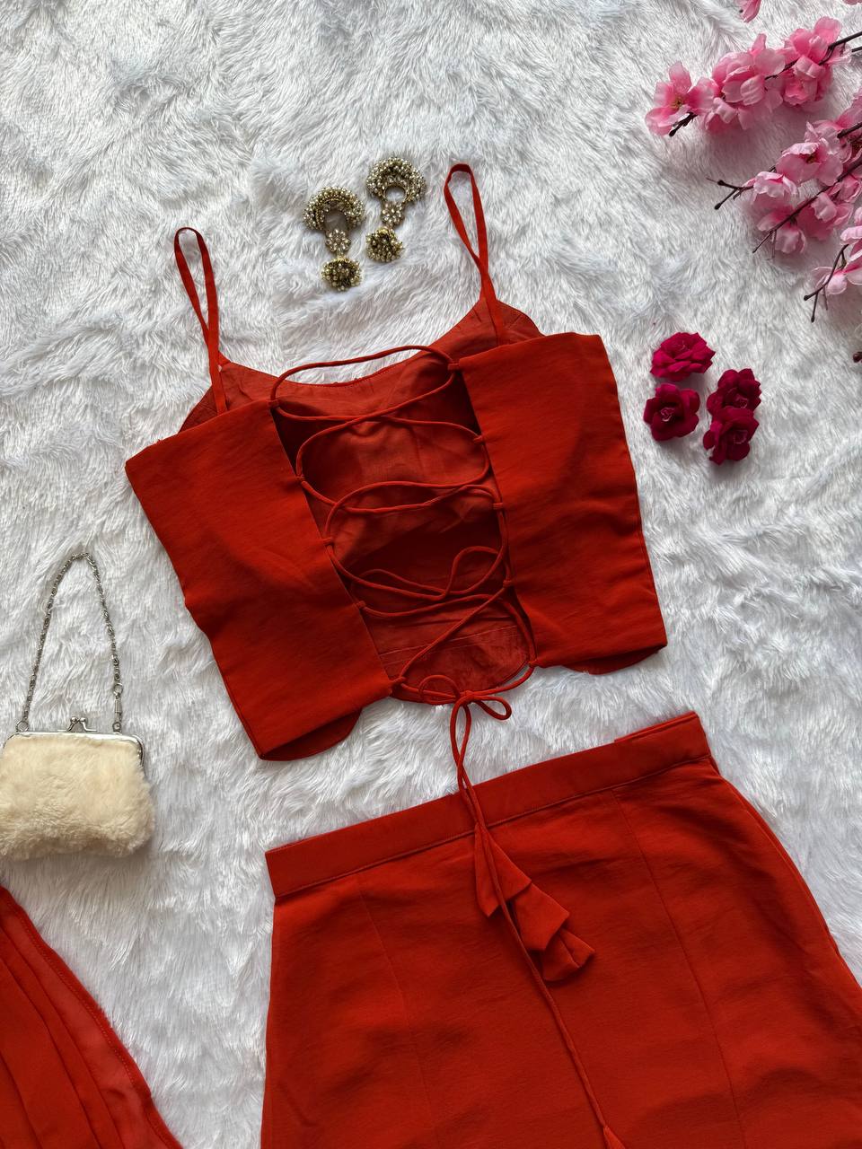 90’s Style Red Georgette Fish Cut Skirt Set for Women