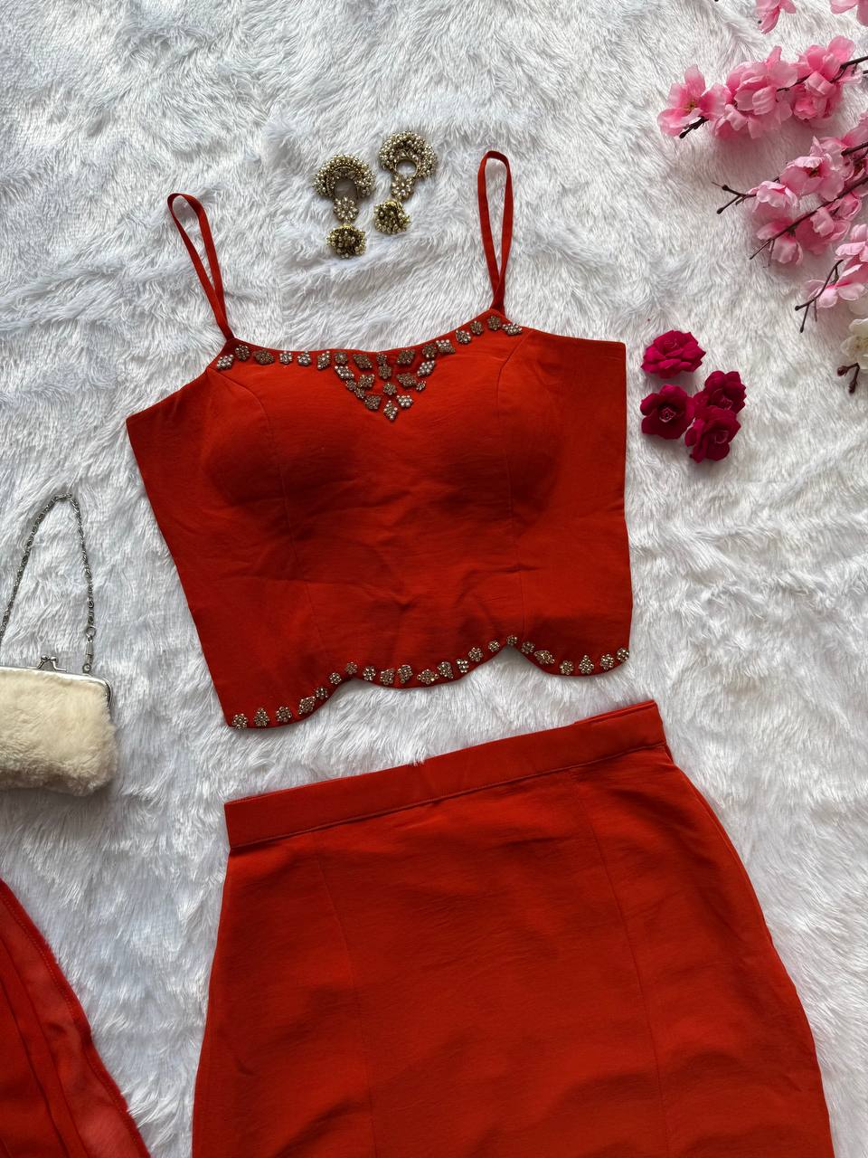 90’s Style Red Georgette Fish Cut Skirt Set for Women