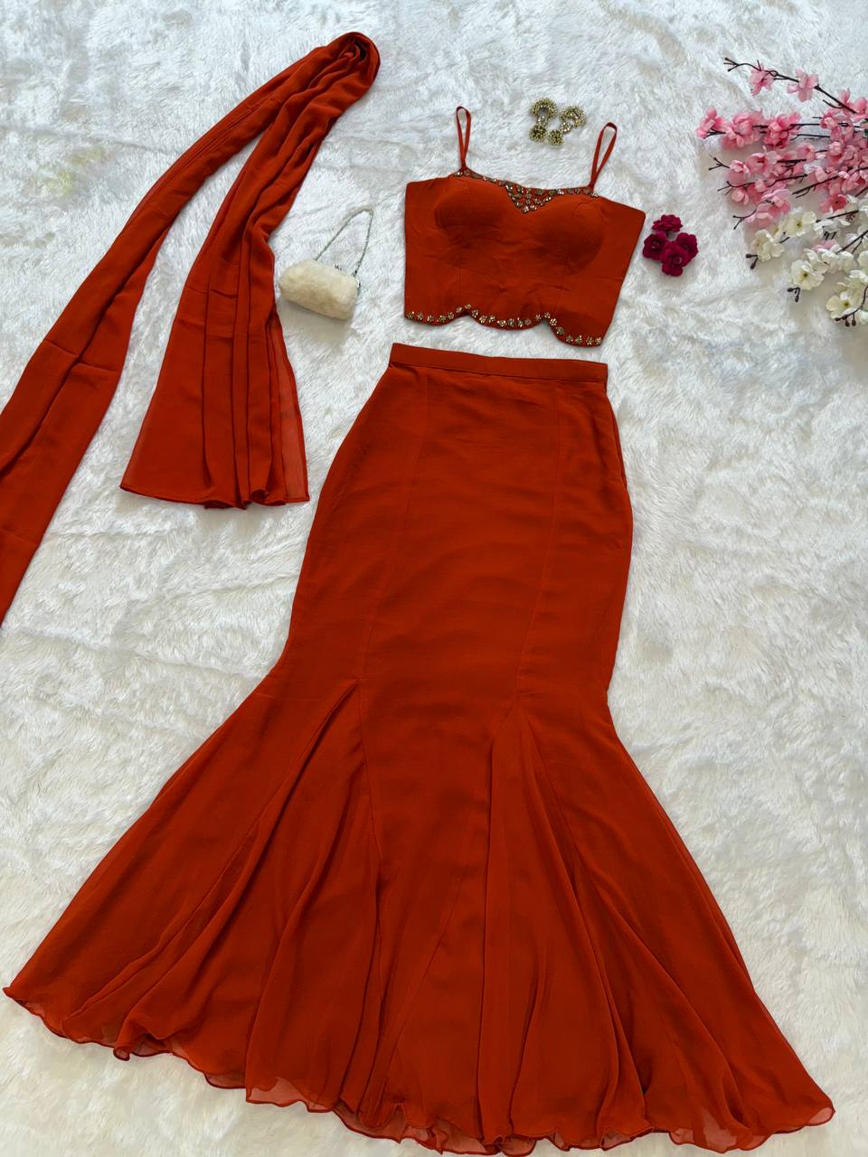 90’s Style Red Georgette Fish Cut Skirt Set for Women