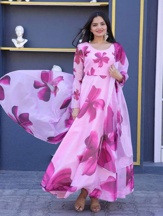 Enticing Tabby Silk Floral Printed Fully Stitched Gown With Dupatta - INDIAN ELEGANCE