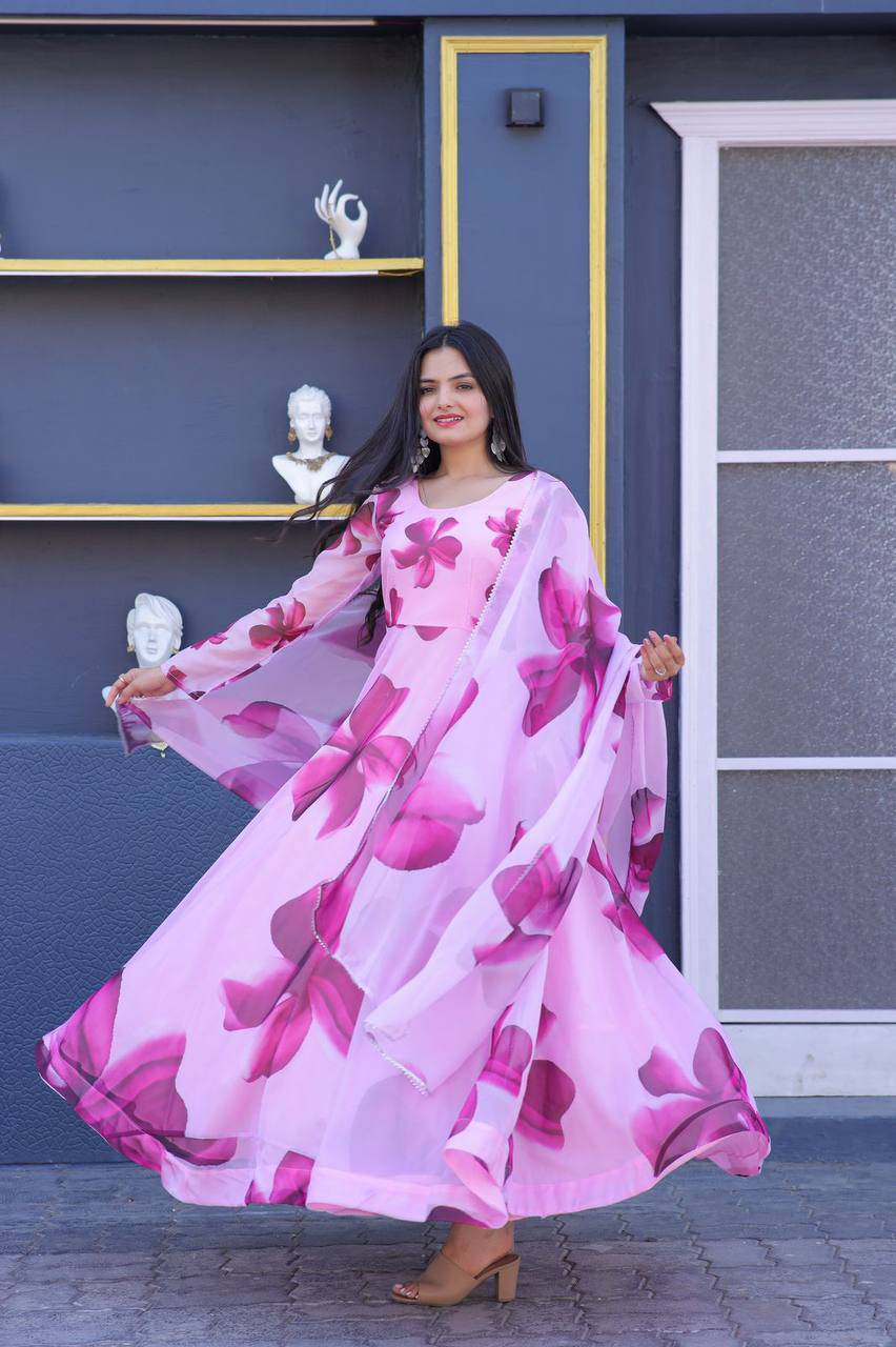 Enticing Tabby Silk Floral Printed Fully Stitched Gown With Dupatta - INDIAN ELEGANCE