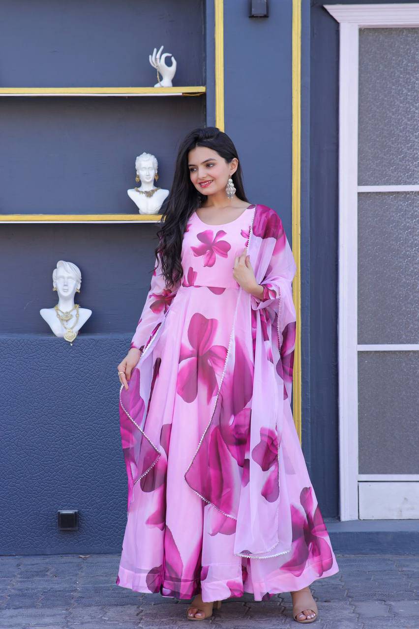 Enticing Tabby Silk Floral Printed Fully Stitched Gown With Dupatta - INDIAN ELEGANCE