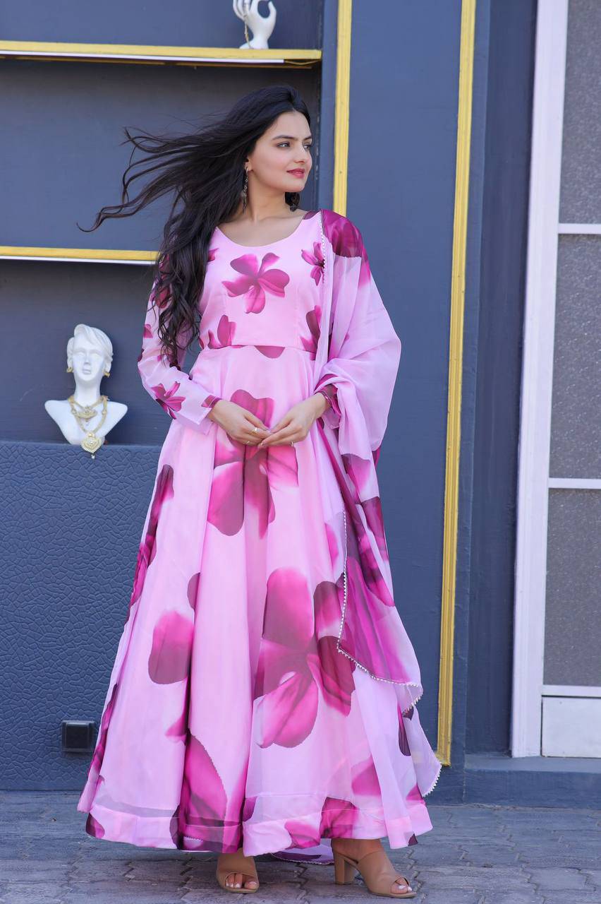 Enticing Tabby Silk Floral Printed Fully Stitched Gown With Dupatta - INDIAN ELEGANCE