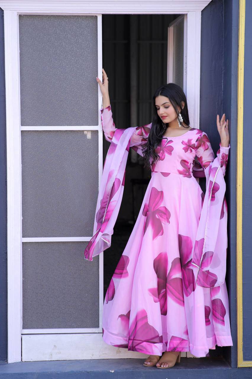 Enticing Tabby Silk Floral Printed Fully Stitched Gown With Dupatta - INDIAN ELEGANCE