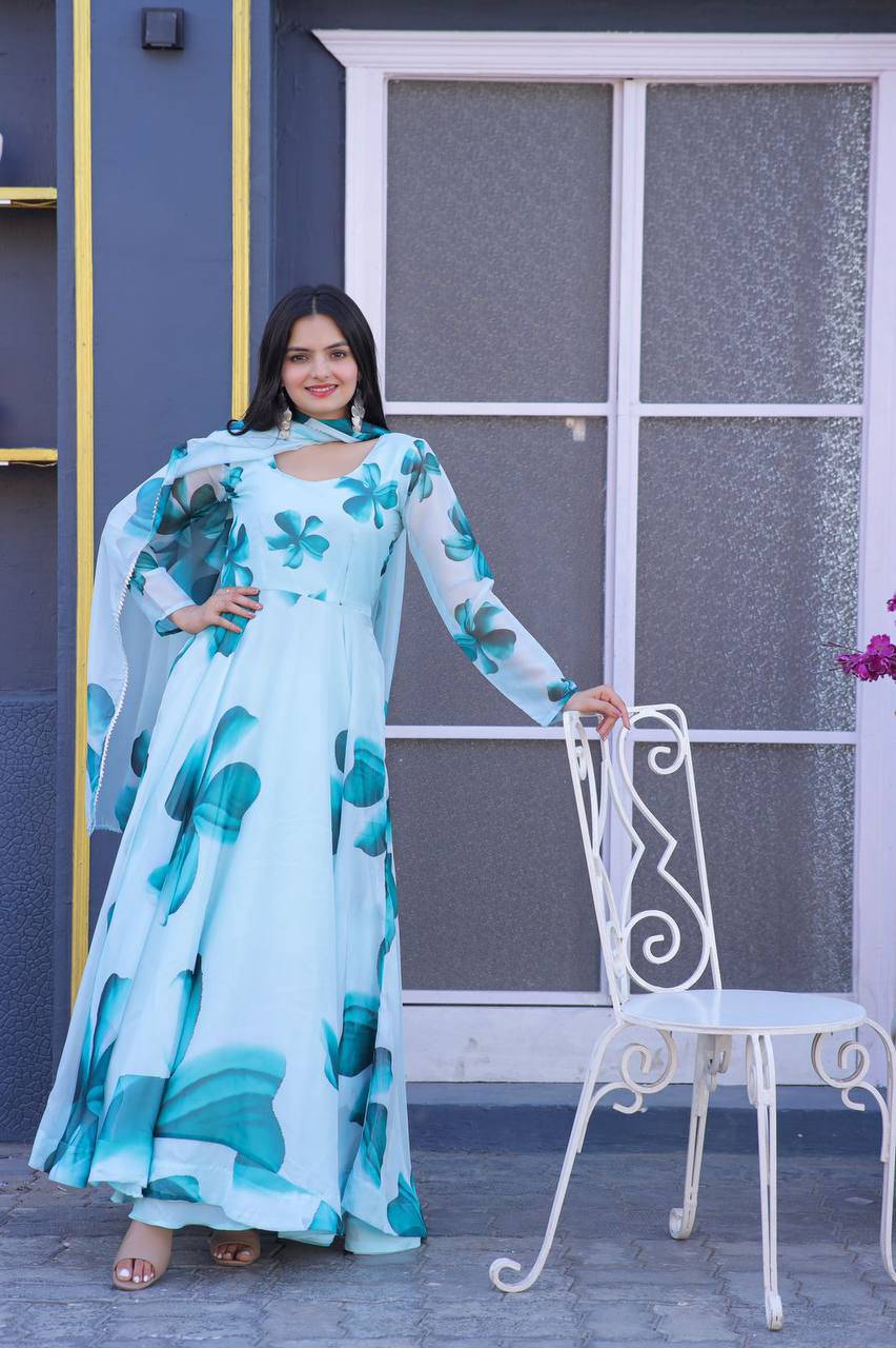Enticing Tabby Silk Floral Printed Fully Stitched Gown With Dupatta - INDIAN ELEGANCE