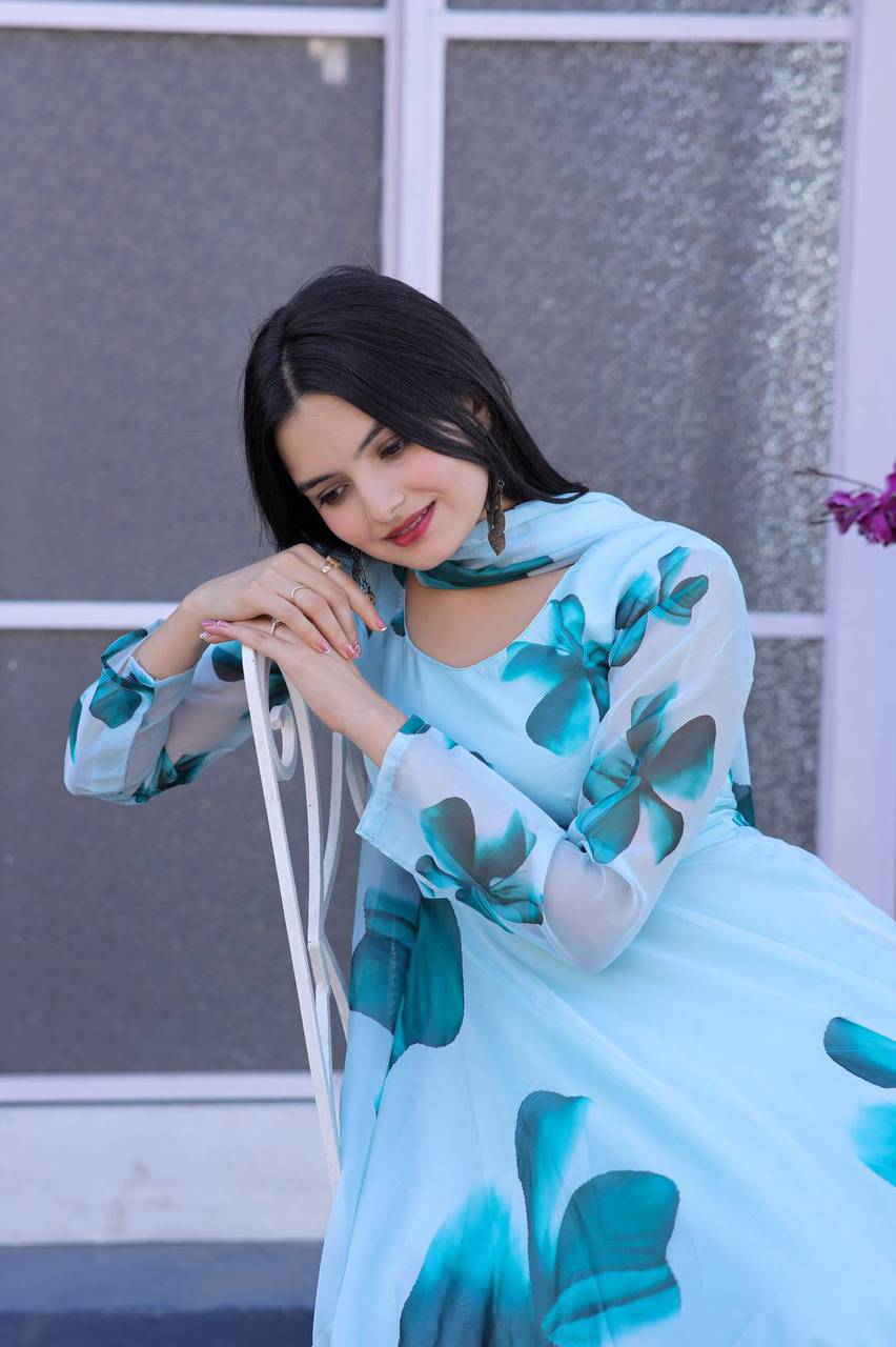 Enticing Tabby Silk Floral Printed Fully Stitched Gown With Dupatta - INDIAN ELEGANCE