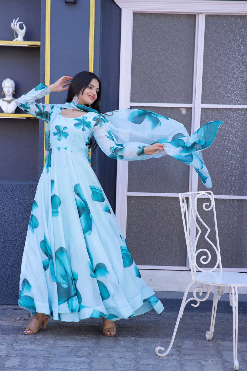 Enticing Tabby Silk Floral Printed Fully Stitched Gown With Dupatta - INDIAN ELEGANCE