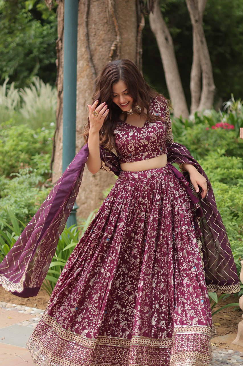 Lovely Viscous Jacquard Sequins Embroidered Lehenga Choli - INDIAN ELEGANCE