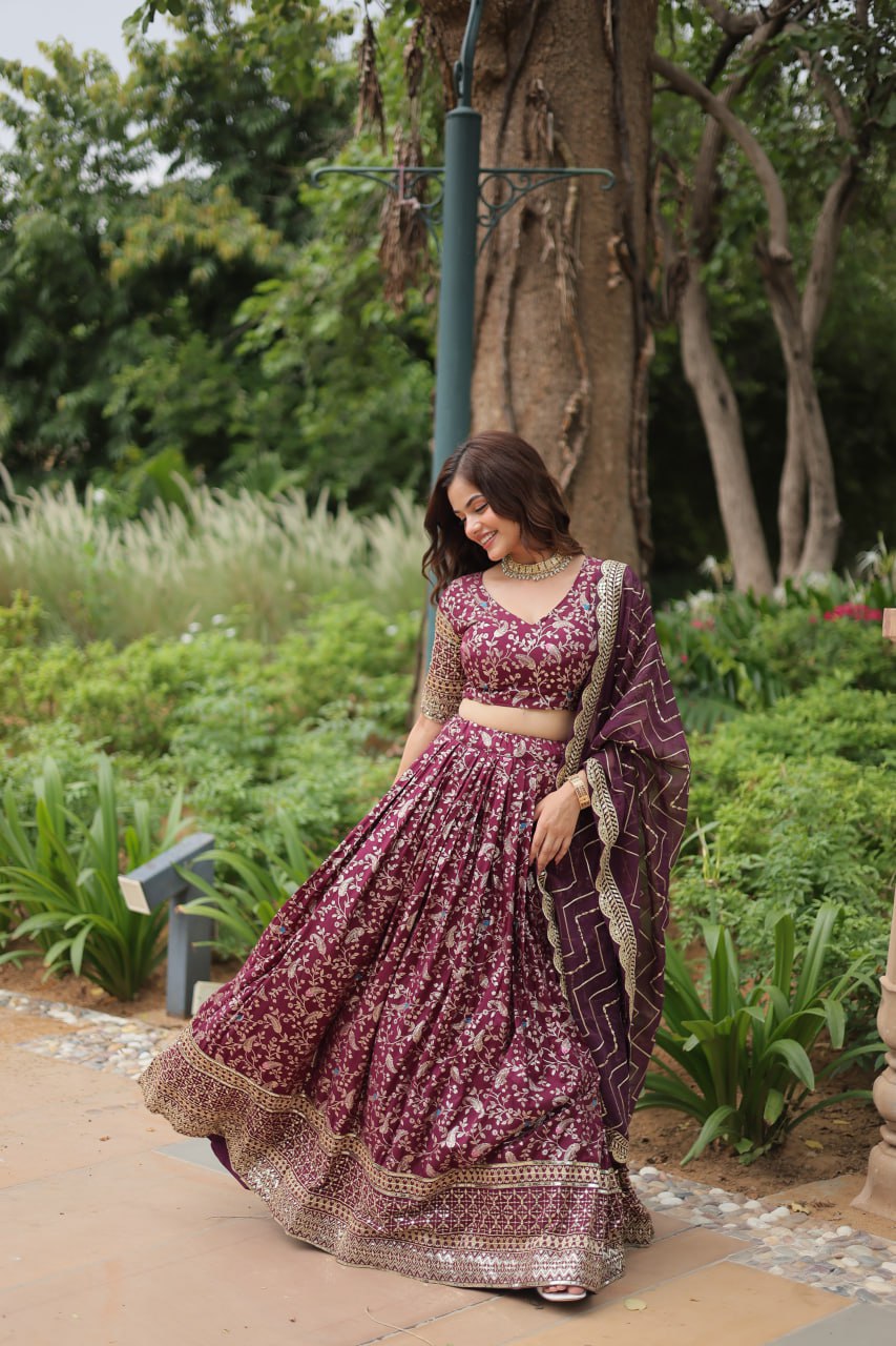 Lovely Viscous Jacquard Sequins Embroidered Lehenga Choli - INDIAN ELEGANCE