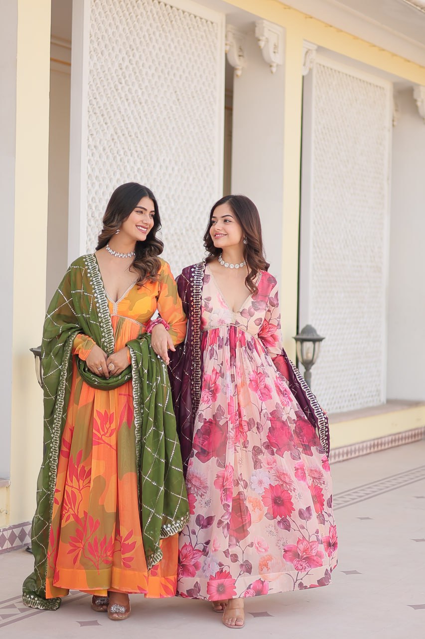 Captivating Russian Silk Floral Fully Stitched Designer Gown - INDIAN ELEGANCE