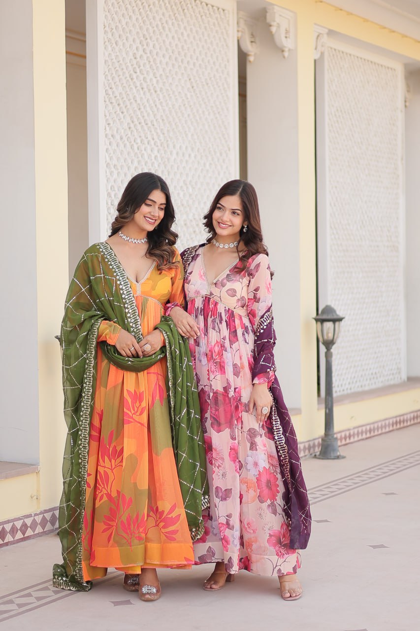 Captivating Russian Silk Floral Fully Stitched Designer Gown - INDIAN ELEGANCE