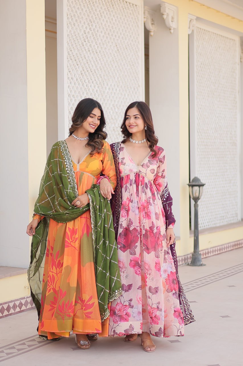 Captivating Russian Silk Floral Fully Stitched Designer Gown - INDIAN ELEGANCE