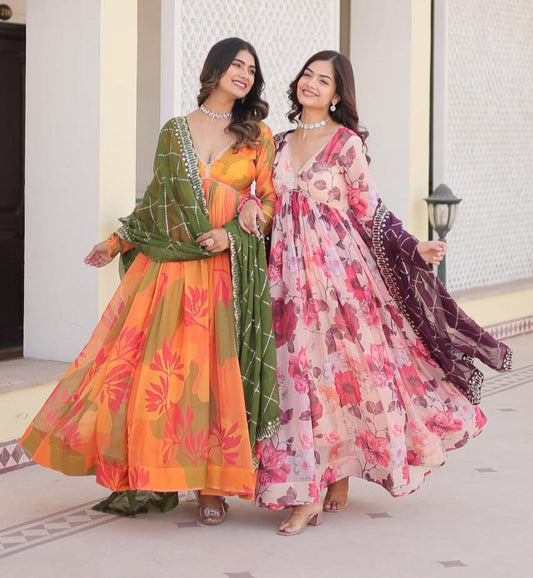Captivating Russian Silk Floral Fully Stitched Designer Gown - INDIAN ELEGANCE