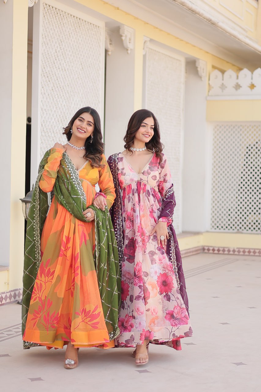 Captivating Russian Silk Floral Fully Stitched Designer Gown - INDIAN ELEGANCE