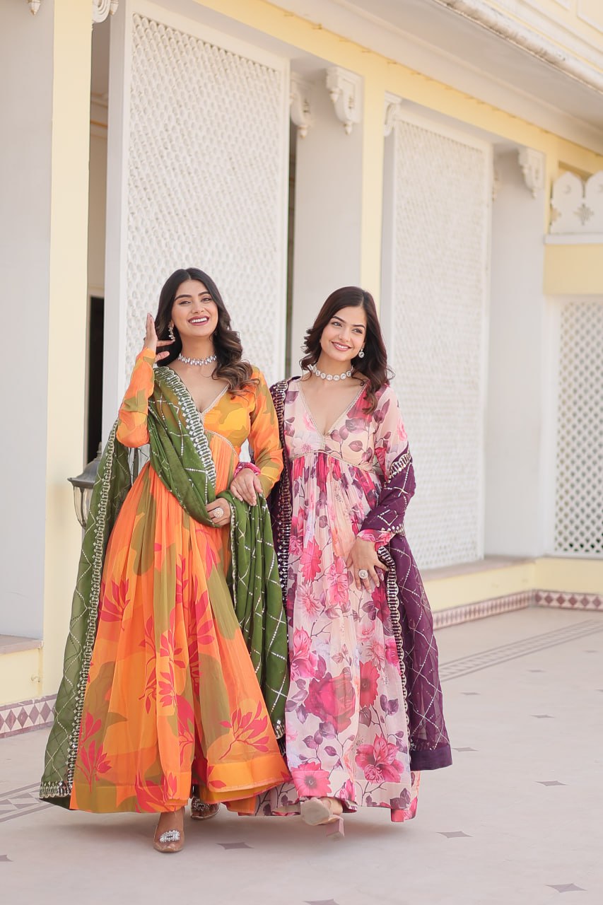 Captivating Russian Silk Floral Fully Stitched Designer Gown - INDIAN ELEGANCE