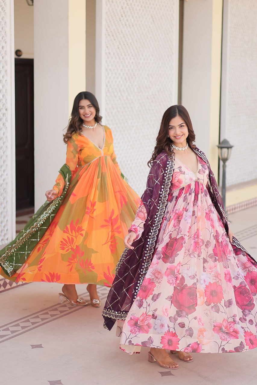 Captivating Russian Silk Floral Fully Stitched Designer Gown - INDIAN ELEGANCE