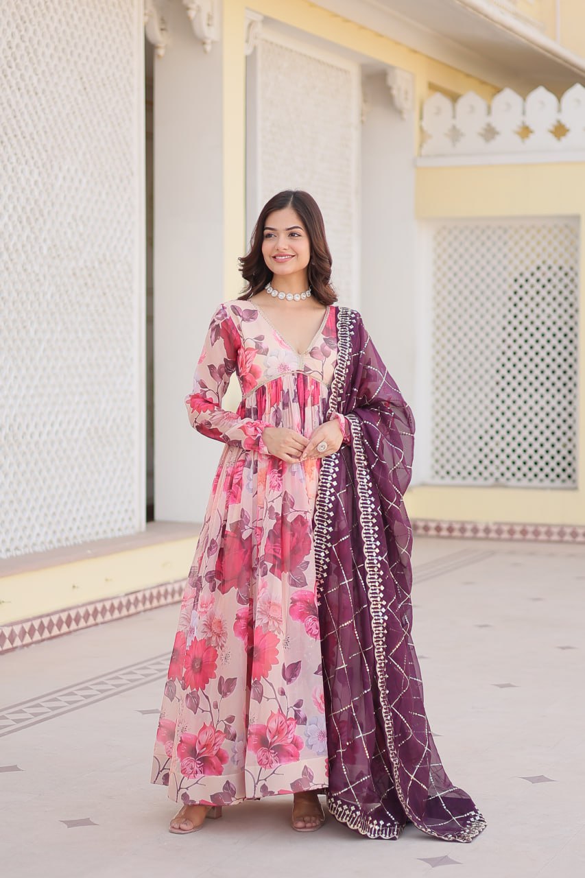 Captivating Russian Silk Floral Fully Stitched Designer Gown - INDIAN ELEGANCE