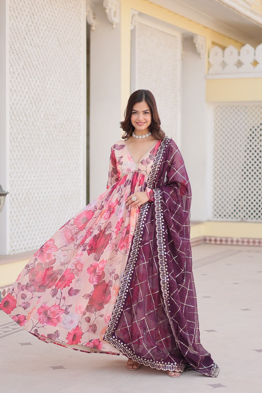 Captivating Russian Silk Floral Fully Stitched Designer Gown - INDIAN ELEGANCE