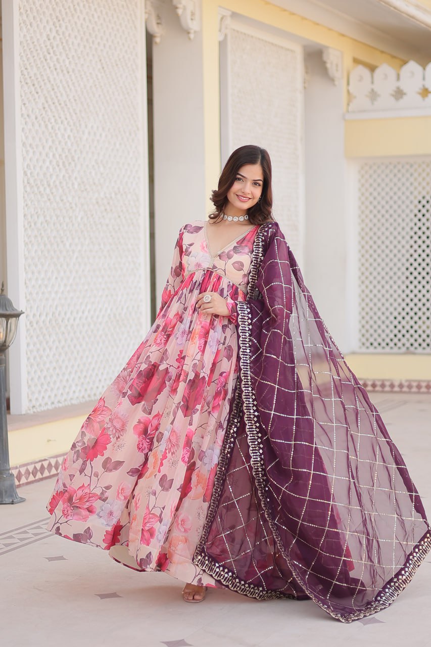 Captivating Russian Silk Floral Fully Stitched Designer Gown - INDIAN ELEGANCE