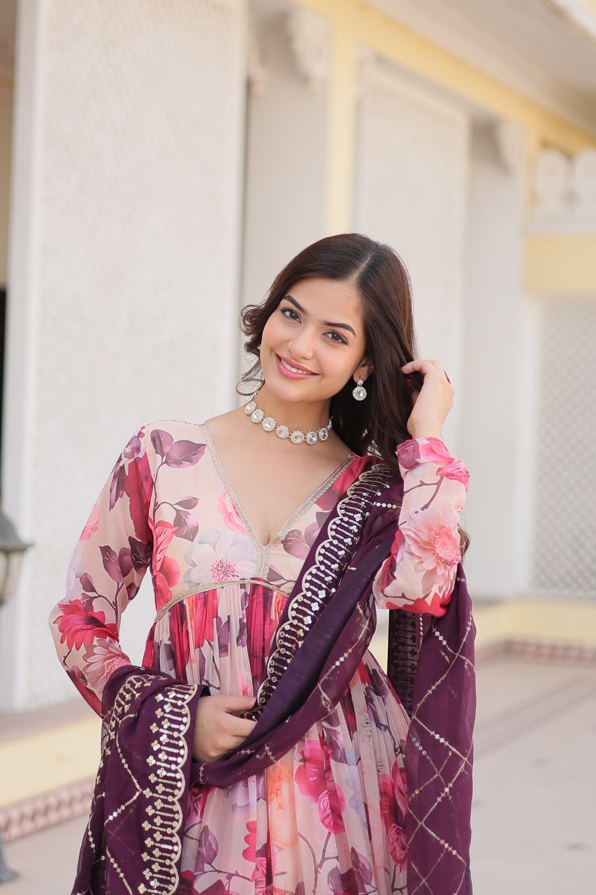 Captivating Russian Silk Floral Fully Stitched Designer Gown - INDIAN ELEGANCE