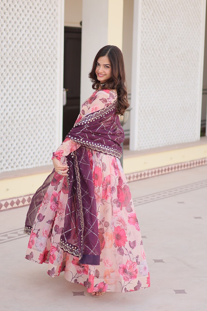 Captivating Russian Silk Floral Fully Stitched Designer Gown - INDIAN ELEGANCE