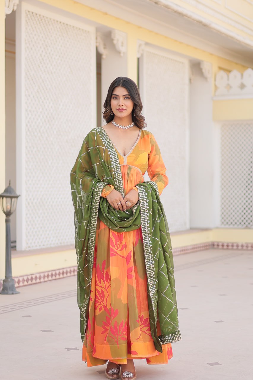 Captivating Russian Silk Floral Fully Stitched Designer Gown - INDIAN ELEGANCE
