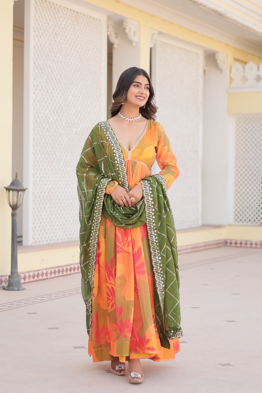 Captivating Russian Silk Floral Fully Stitched Designer Gown - INDIAN ELEGANCE