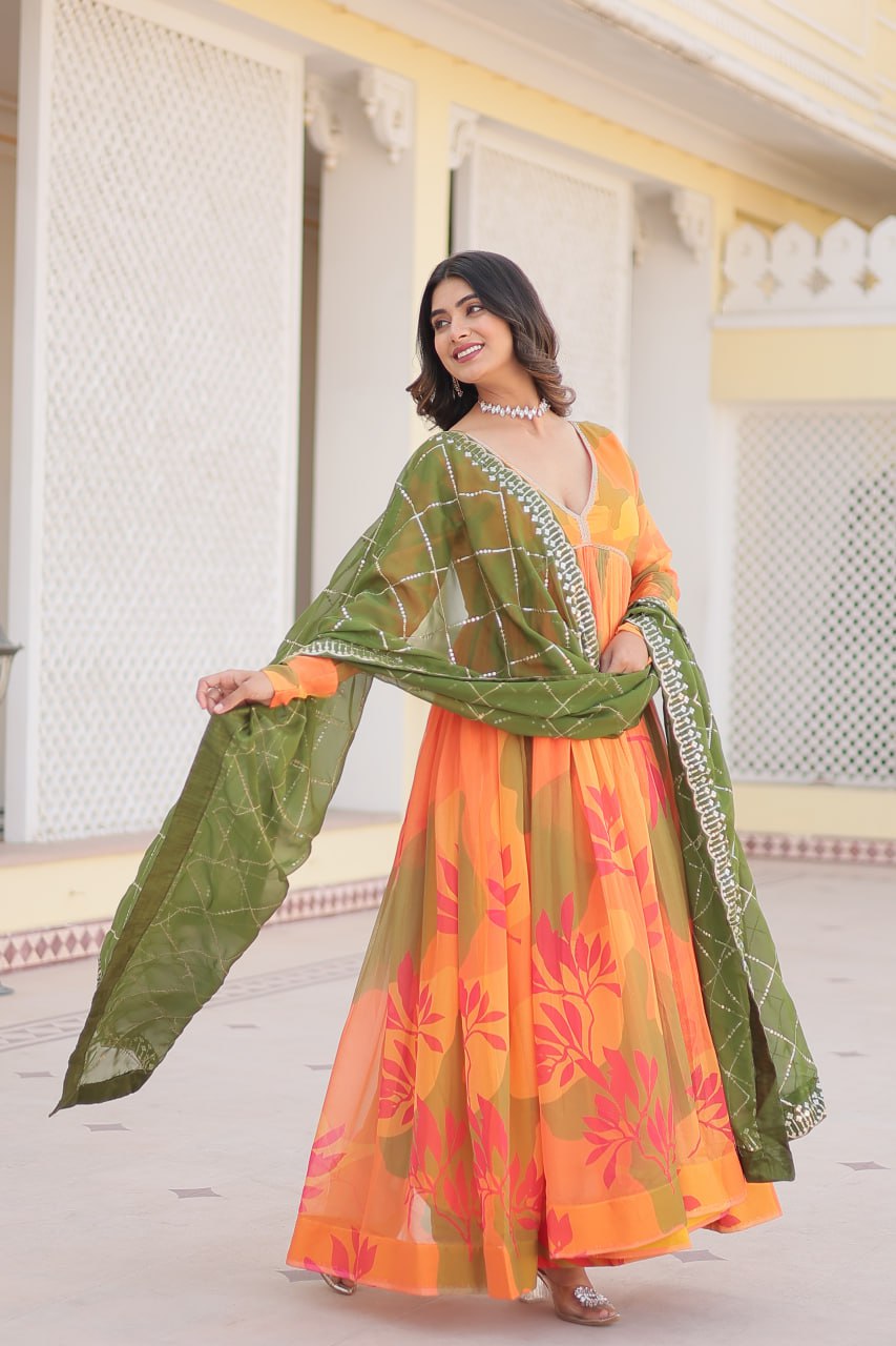 Captivating Russian Silk Floral Fully Stitched Designer Gown - INDIAN ELEGANCE