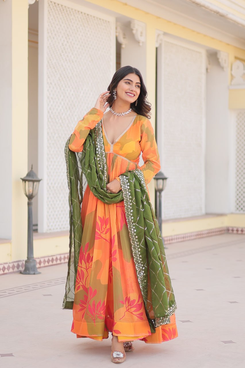 Captivating Russian Silk Floral Fully Stitched Designer Gown - INDIAN ELEGANCE