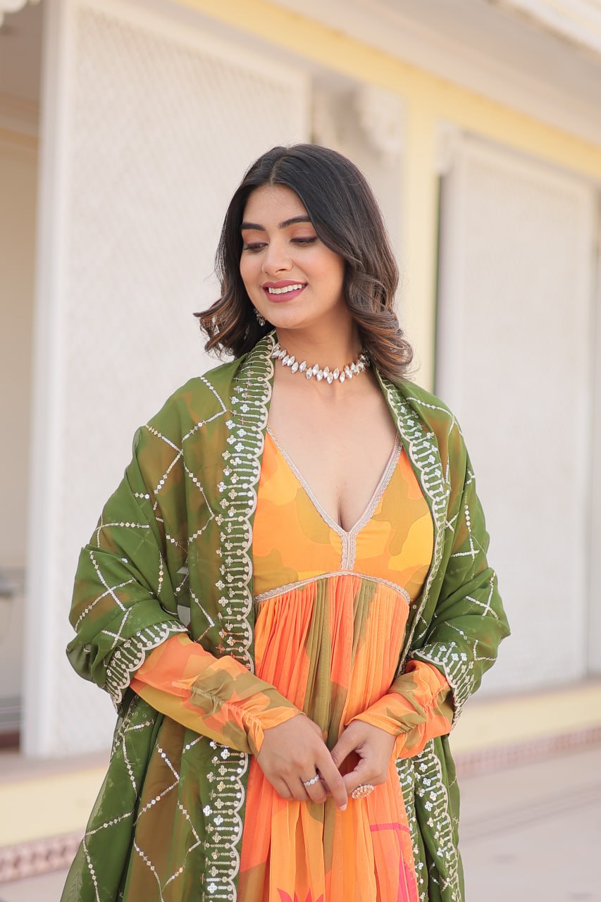 Captivating Russian Silk Floral Fully Stitched Designer Gown - INDIAN ELEGANCE