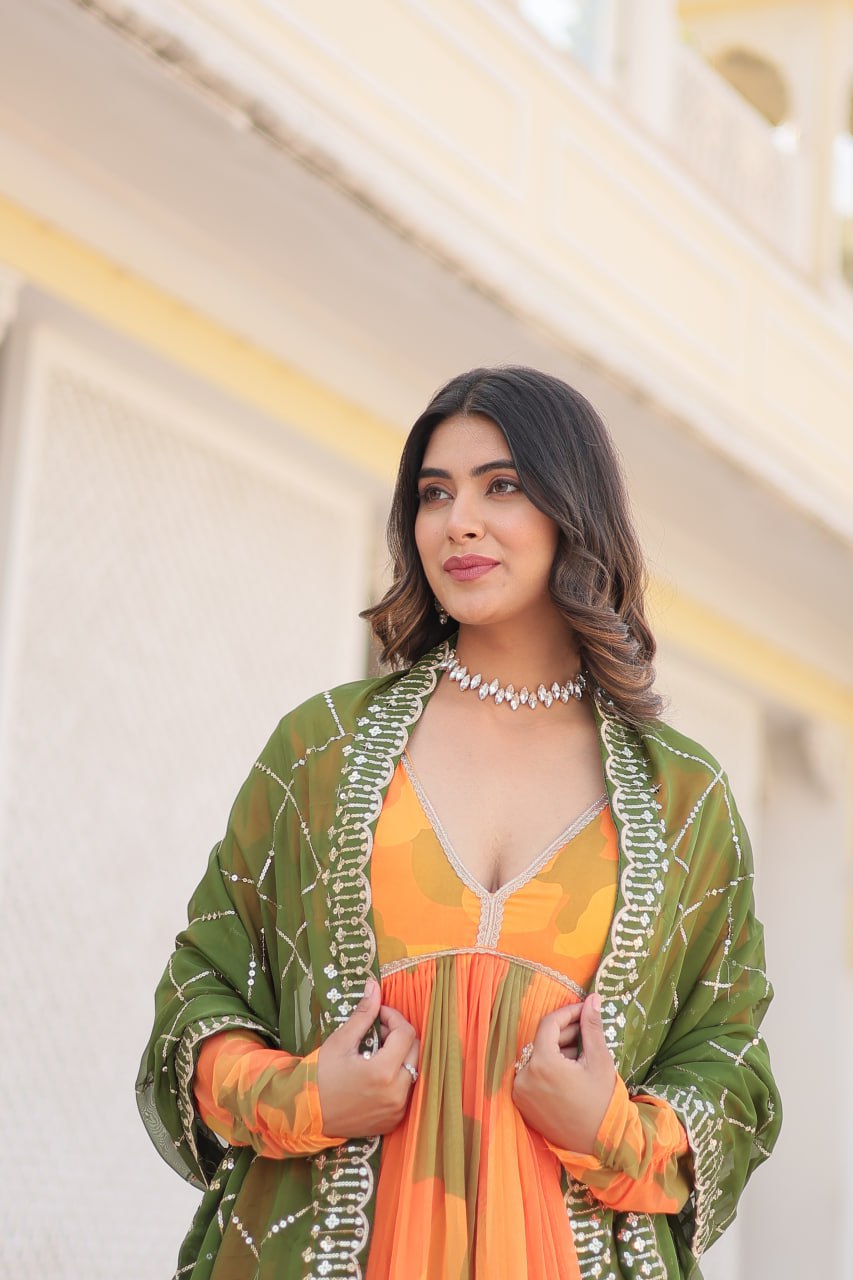 Captivating Russian Silk Floral Fully Stitched Designer Gown - INDIAN ELEGANCE