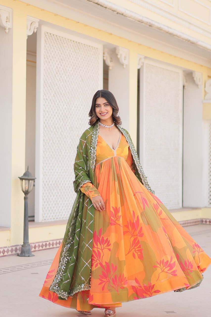 Captivating Russian Silk Floral Fully Stitched Designer Gown - INDIAN ELEGANCE