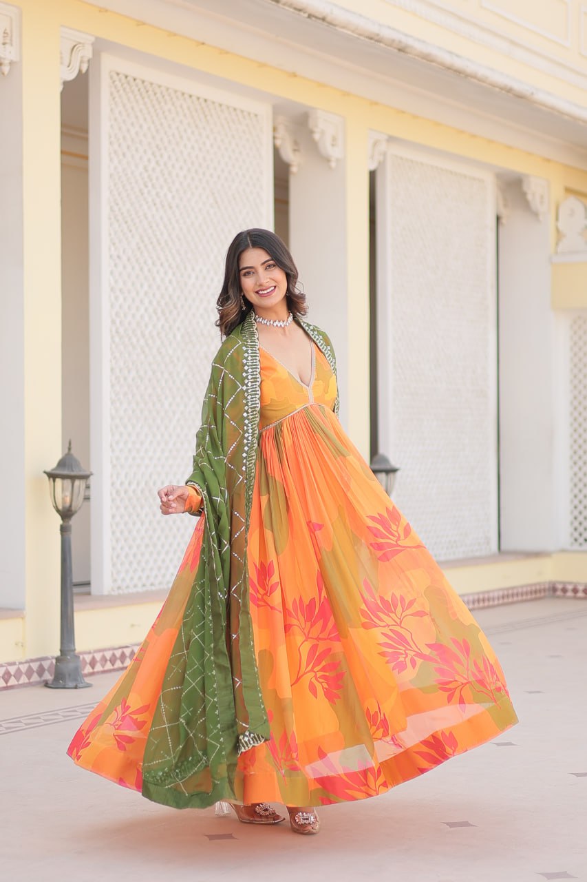 Captivating Russian Silk Floral Fully Stitched Designer Gown - INDIAN ELEGANCE