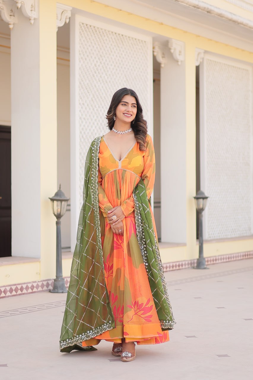 Captivating Russian Silk Floral Fully Stitched Designer Gown - INDIAN ELEGANCE