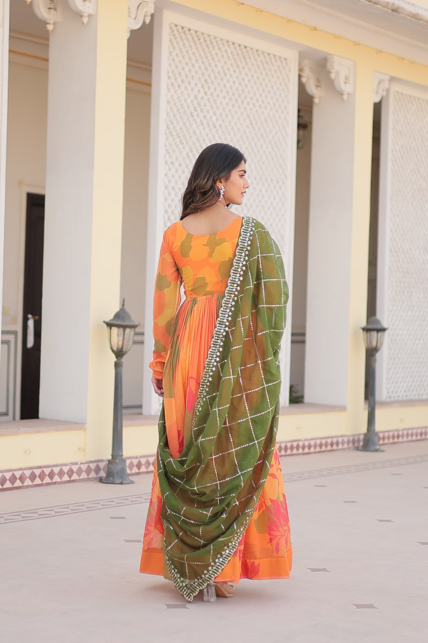 Captivating Russian Silk Floral Fully Stitched Designer Gown - INDIAN ELEGANCE