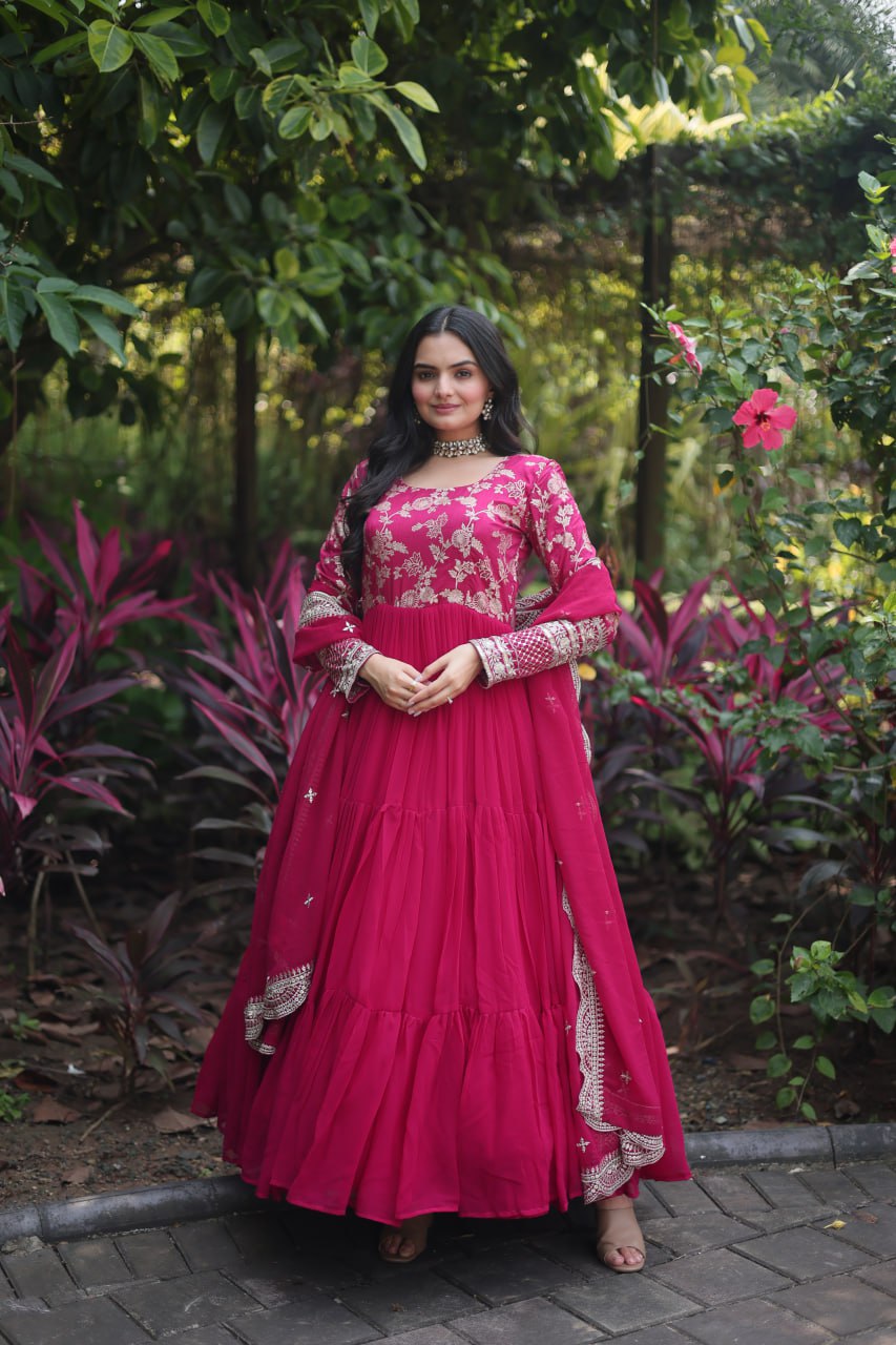 Enticing Faux Georgette Sequins Embroidered Festive Wear Gown - INDIAN ELEGANCE