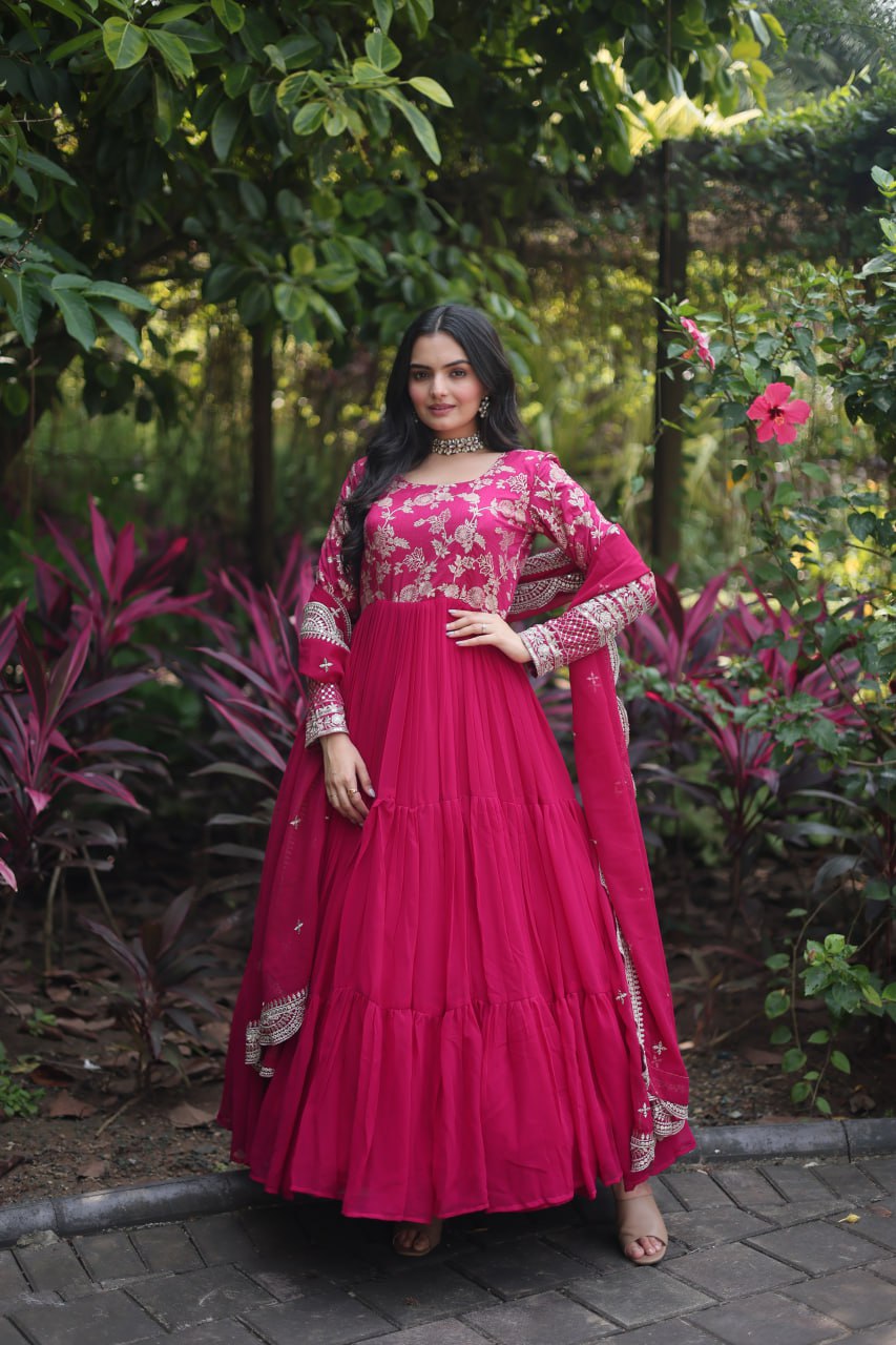 Enticing Faux Georgette Sequins Embroidered Festive Wear Gown - INDIAN ELEGANCE