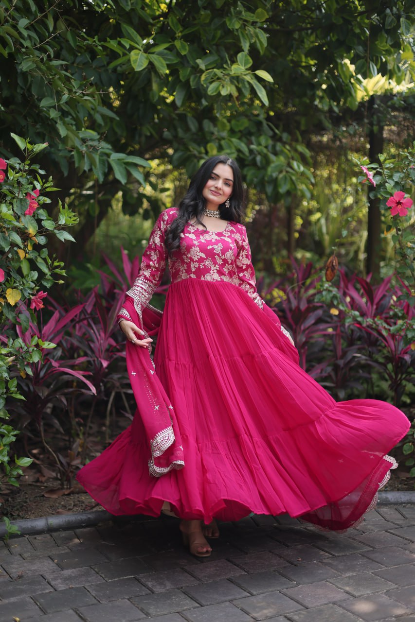 Enticing Faux Georgette Sequins Embroidered Festive Wear Gown - INDIAN ELEGANCE