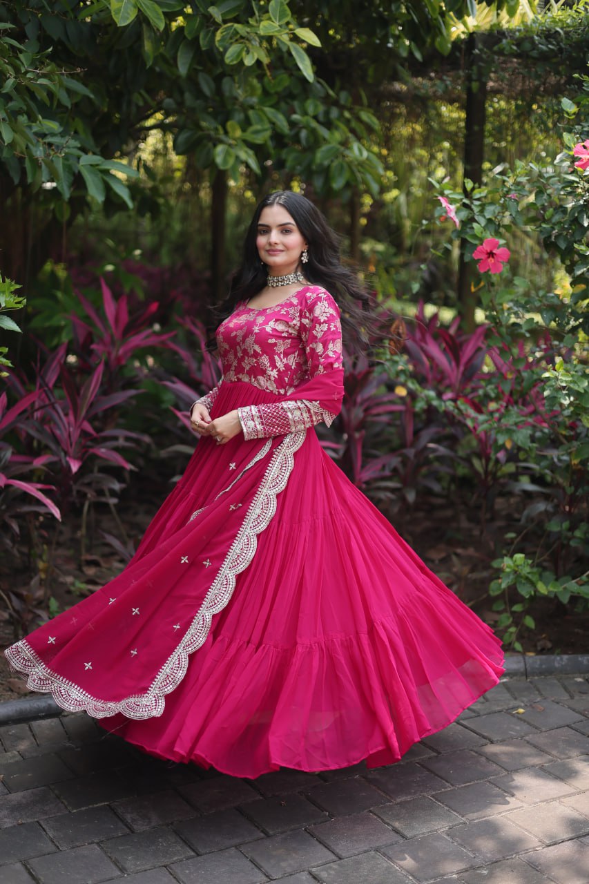 Enticing Faux Georgette Sequins Embroidered Festive Wear Gown - INDIAN ELEGANCE