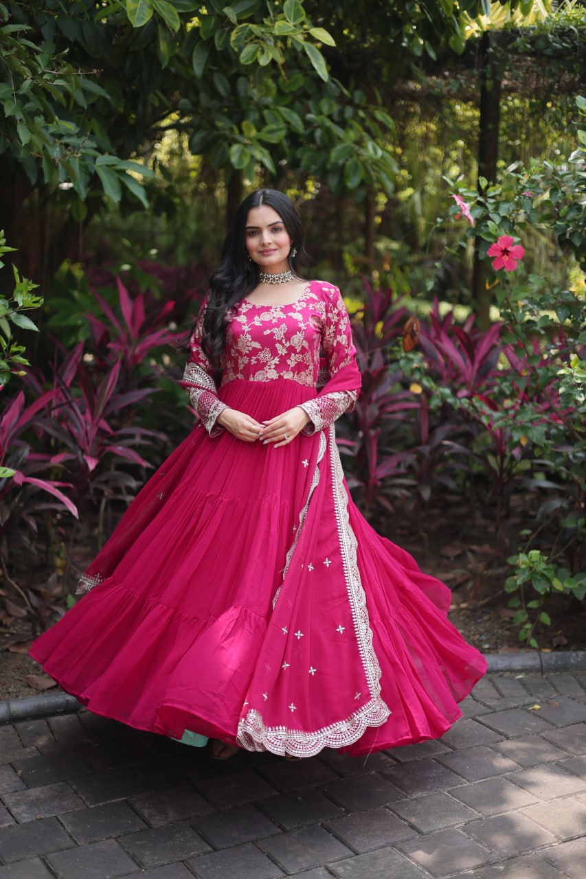 Enticing Faux Georgette Sequins Embroidered Festive Wear Gown - INDIAN ELEGANCE