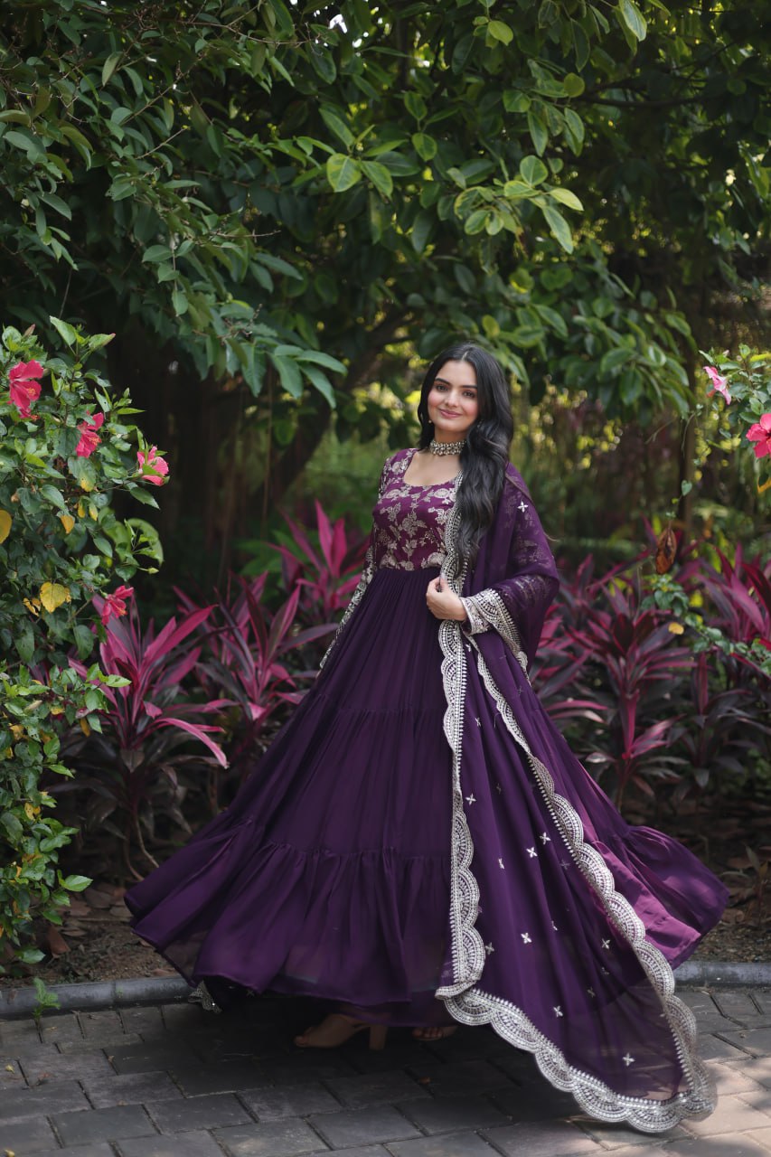 Enticing Faux Georgette Sequins Embroidered Festive Wear Gown - INDIAN ELEGANCE