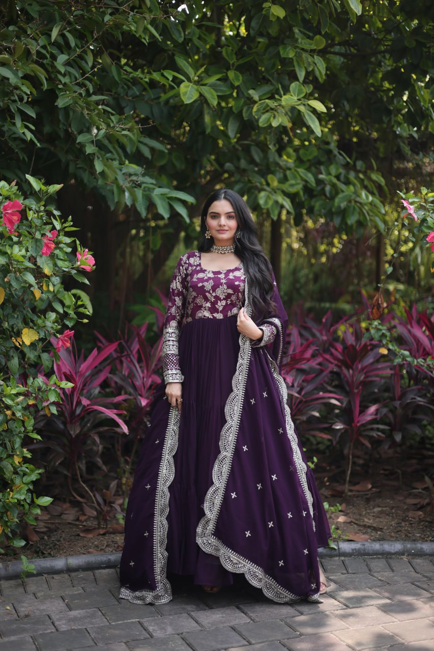 Enticing Faux Georgette Sequins Embroidered Festive Wear Gown - INDIAN ELEGANCE