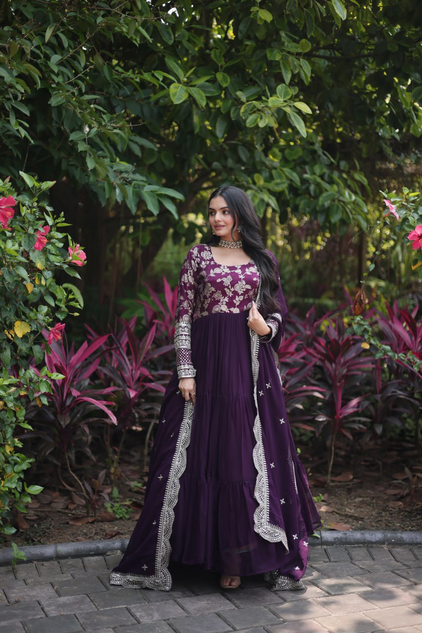 Enticing Faux Georgette Sequins Embroidered Festive Wear Gown - INDIAN ELEGANCE